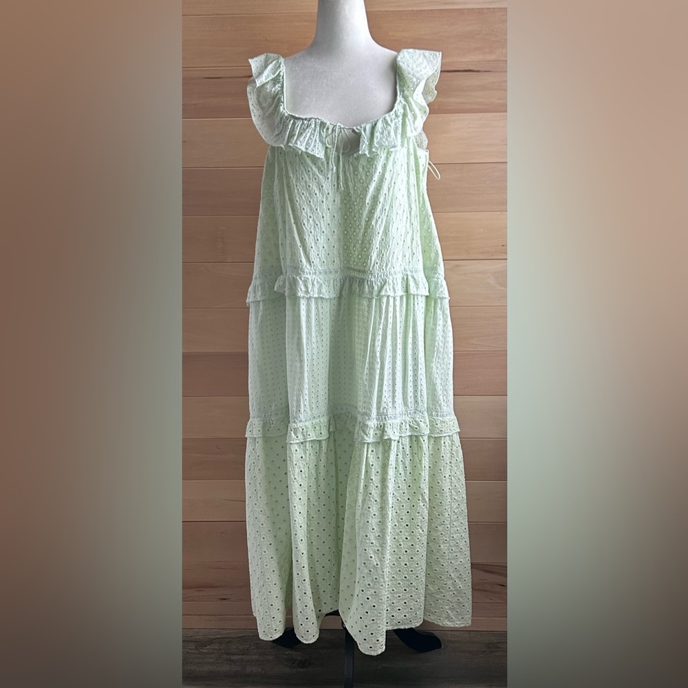 Zara Size Large Mint Green eyelet embroidered dress tied neckline wide straps